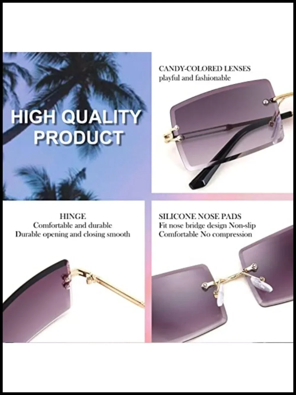 Vintage Rimless Sunglasses Rectangular Frameless Candy Color Glasses UV400 Metal